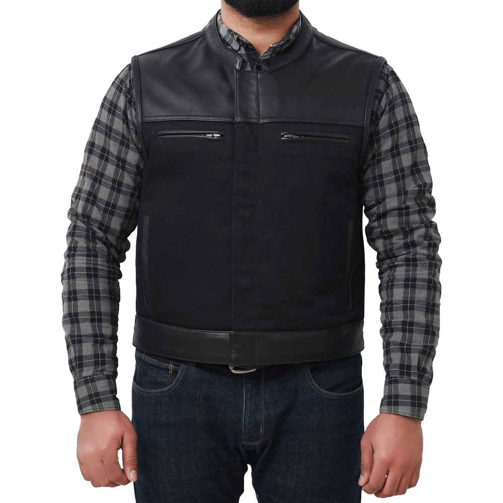 FINN - Motorcycle Leather/Twill Vest Men's Twill Vest Best Leather Ny