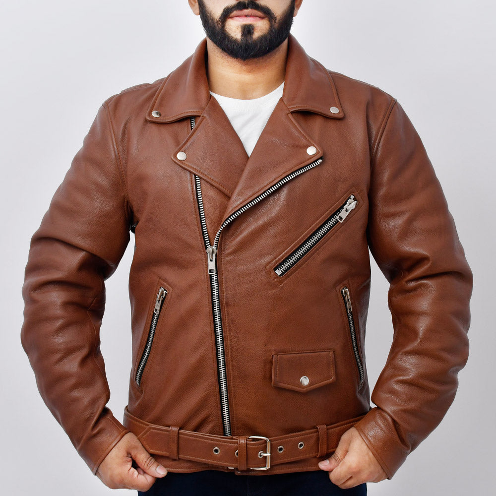 THUNDER Men's Leather Motorcycle Jacket Men's Motorcycle Jacket Best Leather Ny WHISKEY XS