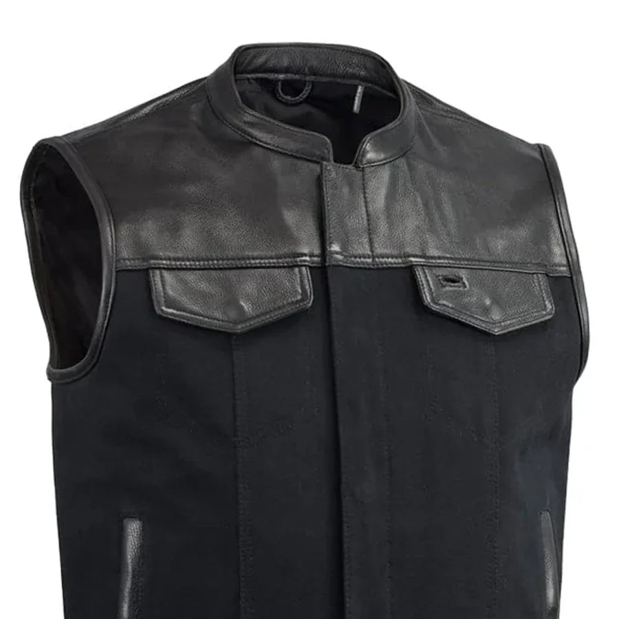 SKYFALL - Motorcycle Leather/Canvas Vest Men's Canvas Vests Best Leather Ny