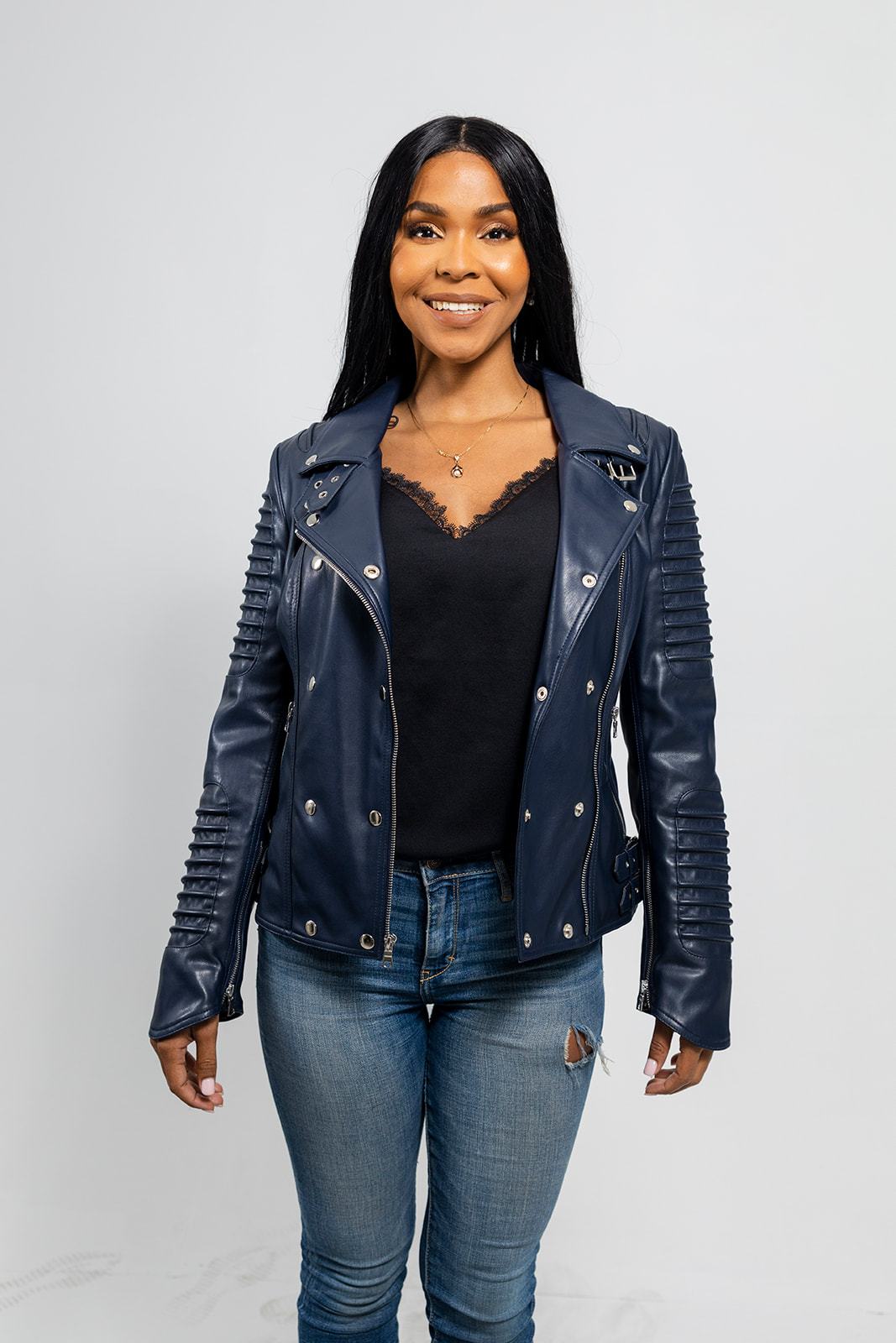 Paris Women's Vegan Faux Leather Jacket Women's Fashion Leather Jacket FMCo Navy Blue XS