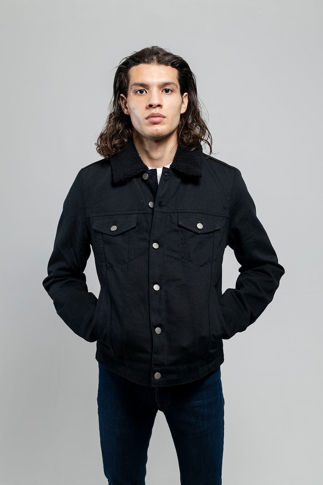 Cain Mens Faux Shearling Twill Jacket Men's Vegan Faux Suede Jacket FMCo Black S
