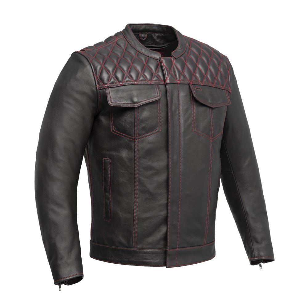 High quality Mens Cafe Style Men's Leather Motorcycle Jackets in black, grey, and red colour.