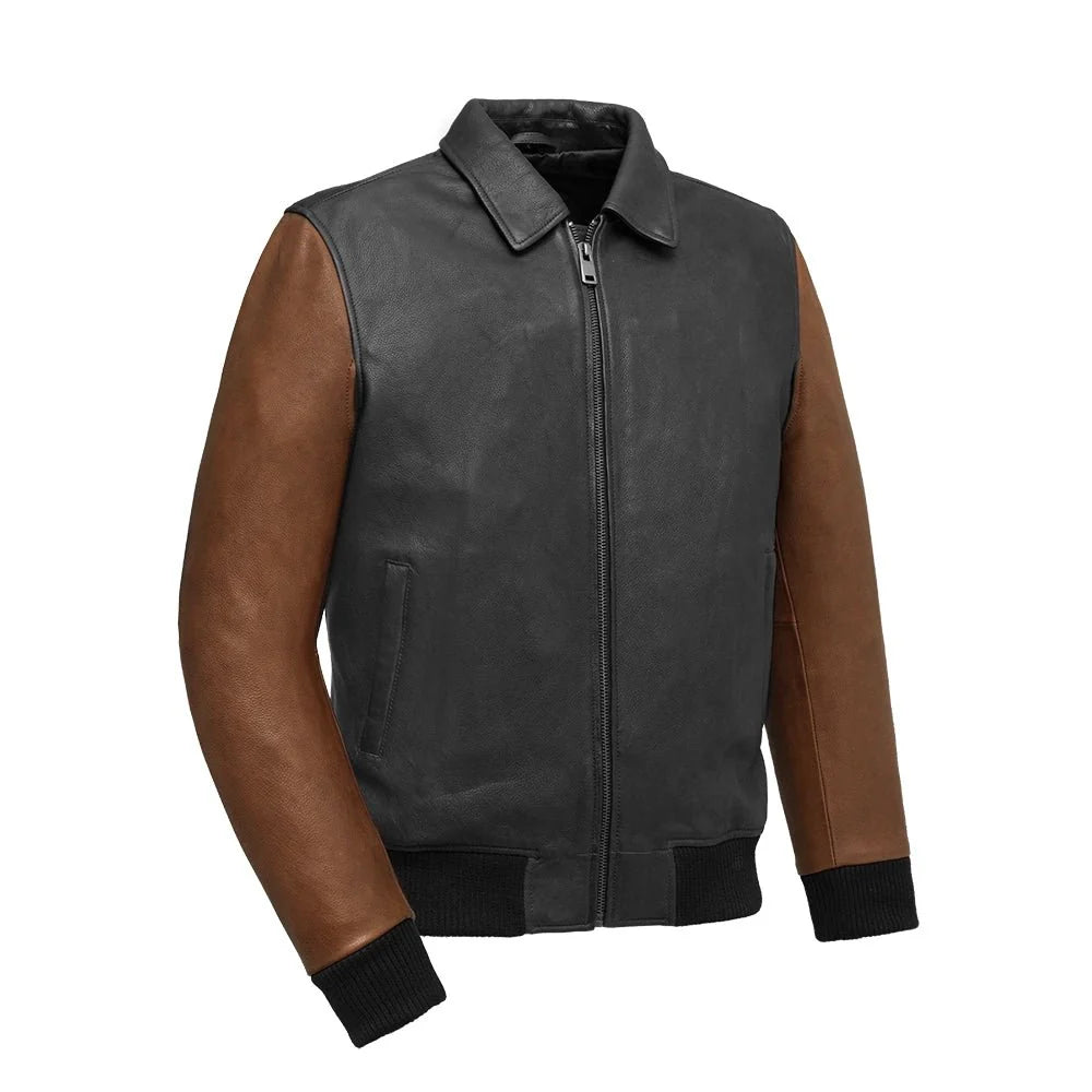 Havoc Two Tone Leather Motorcycle Jacket - Knitted Cuffs & Waistband Men's Motorcycle Jacket Best Leather Ny Black Cognac S