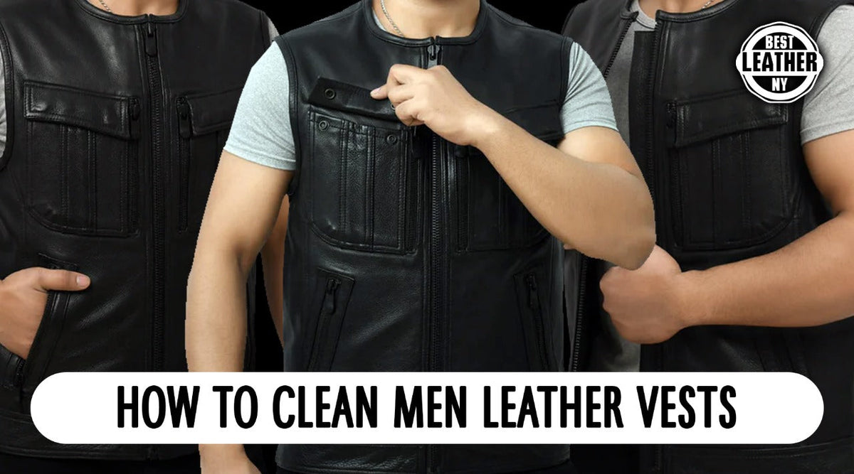Men’s black leather vests styled for bikers with front pockets and zippers – Best Leather NY guide on how to clean men’s leather vests