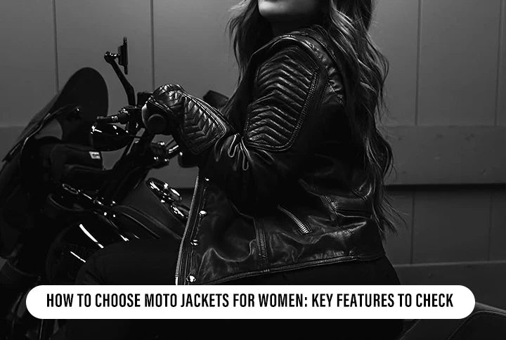 Woman riding a motorcycle in a black womens leather motorcycle jacket, styled for performance & fashion.