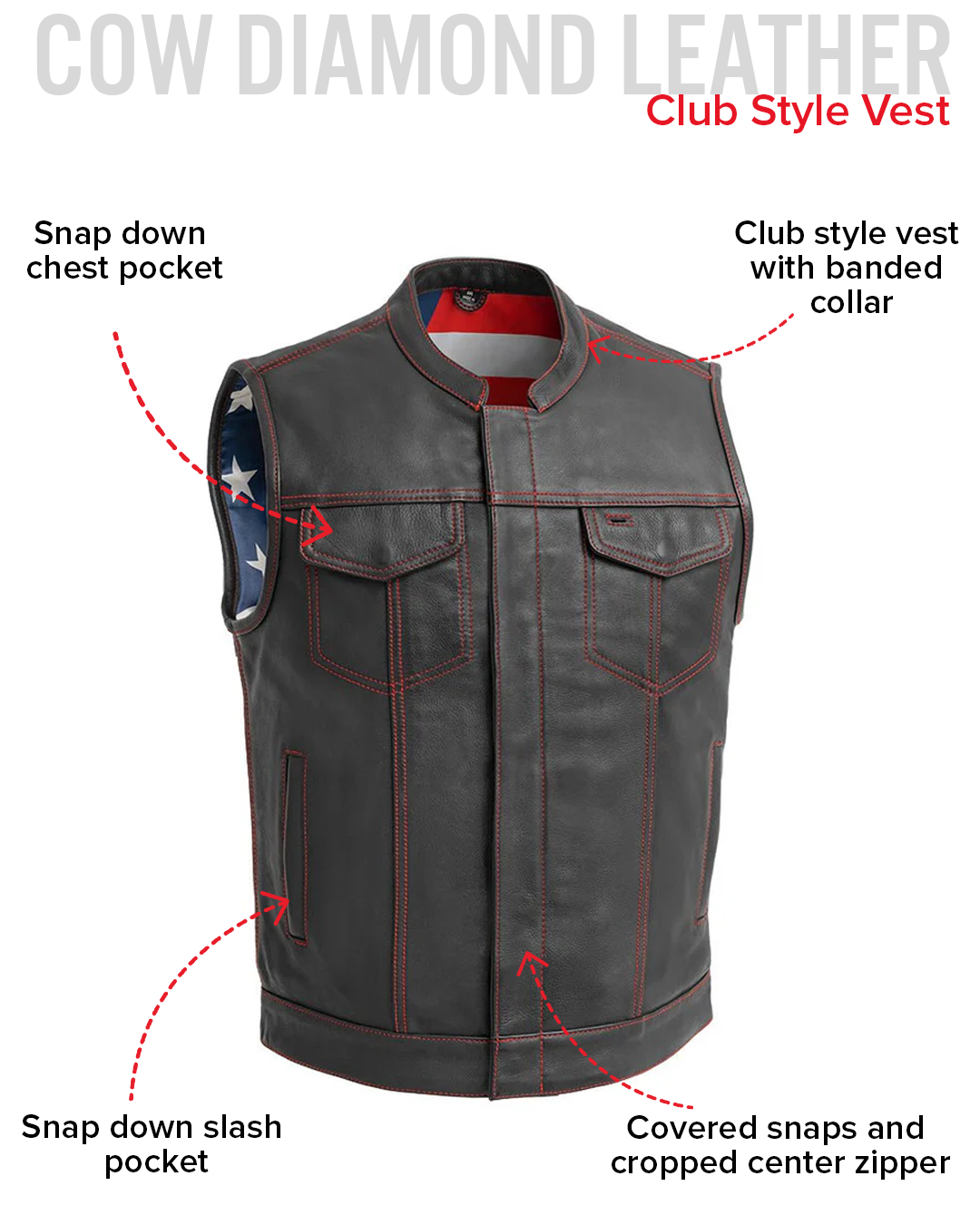 Born Free Men's Leather Motorcycle Leather Vest - Red Stitch Men's Leather Vest Best Leather Ny