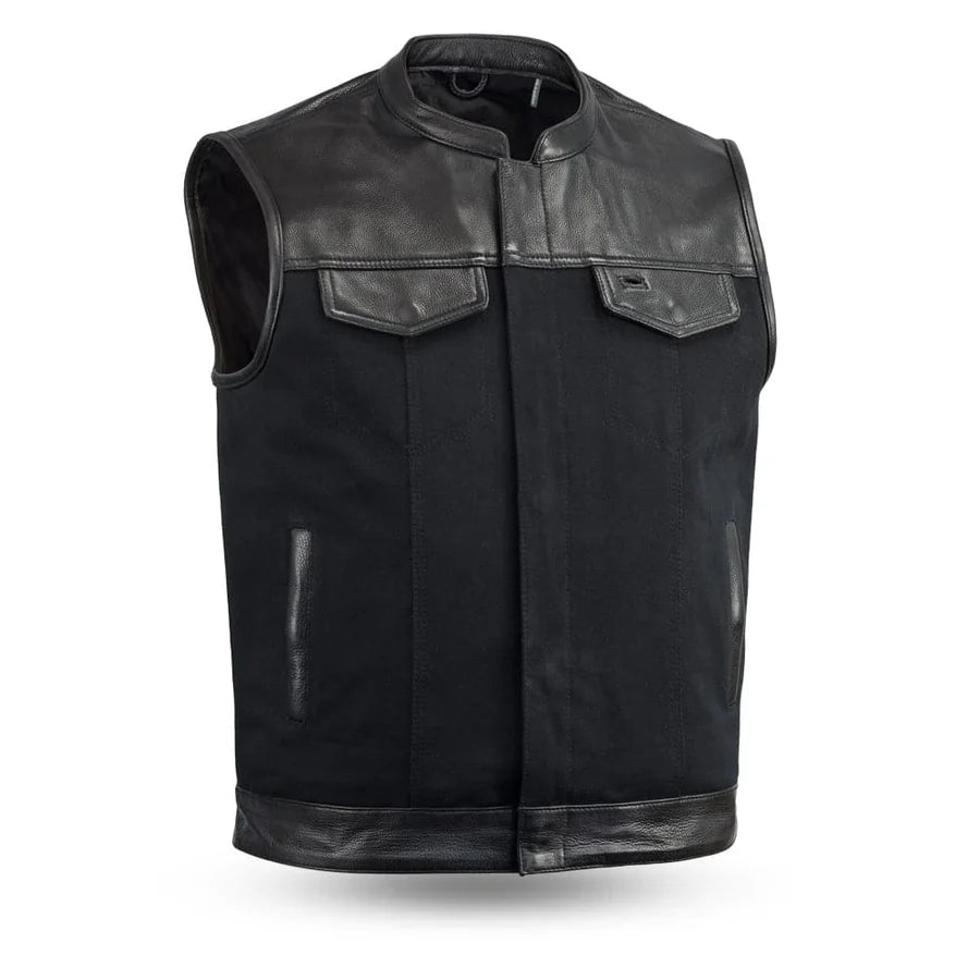 DETOUR - Motorcycle Leather/Canvas Vest Men's Canvas Vests Best Leather Ny