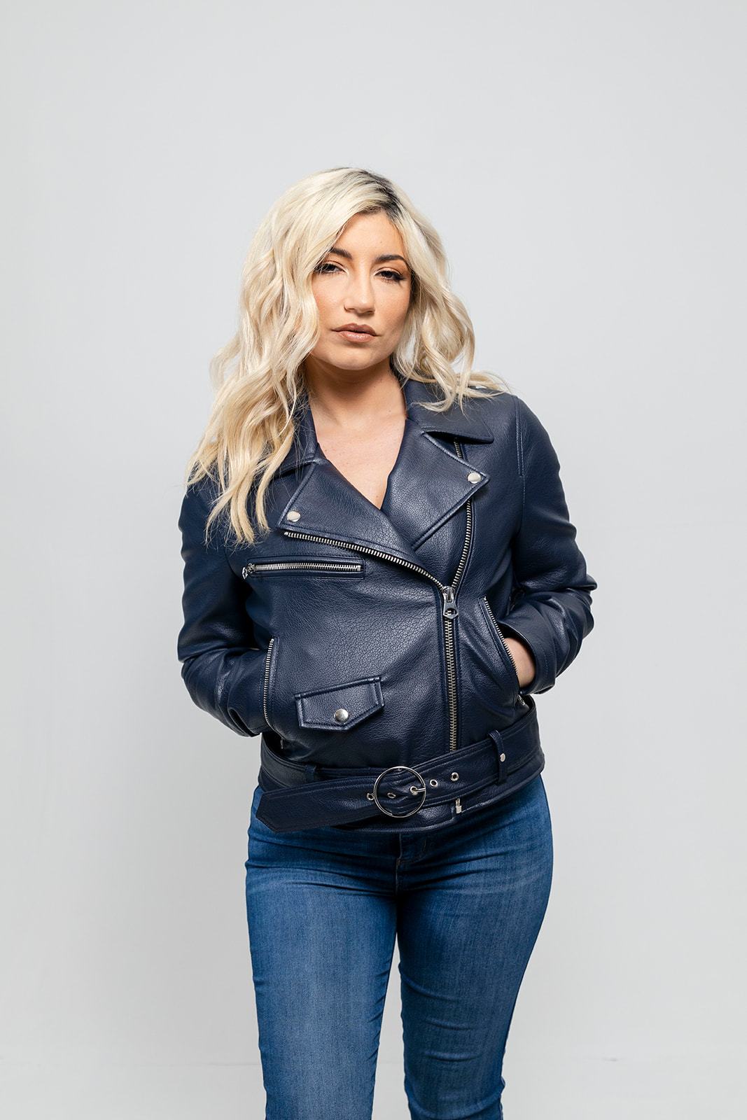 Remy - Women's Vegan Faux Leather Jacket Women's Fashion Leather Jacket FMCo Navy Blue XS 