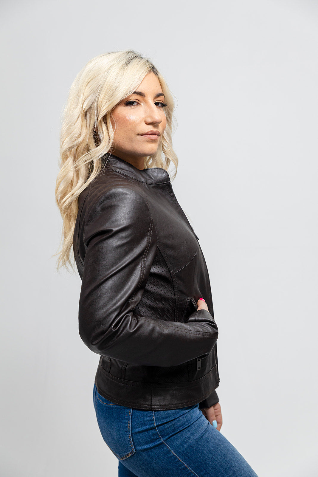 Beverly Women's Vegan Faux Leather/Perforated Jacket Women's Fashion Leather Jacket FMCo
