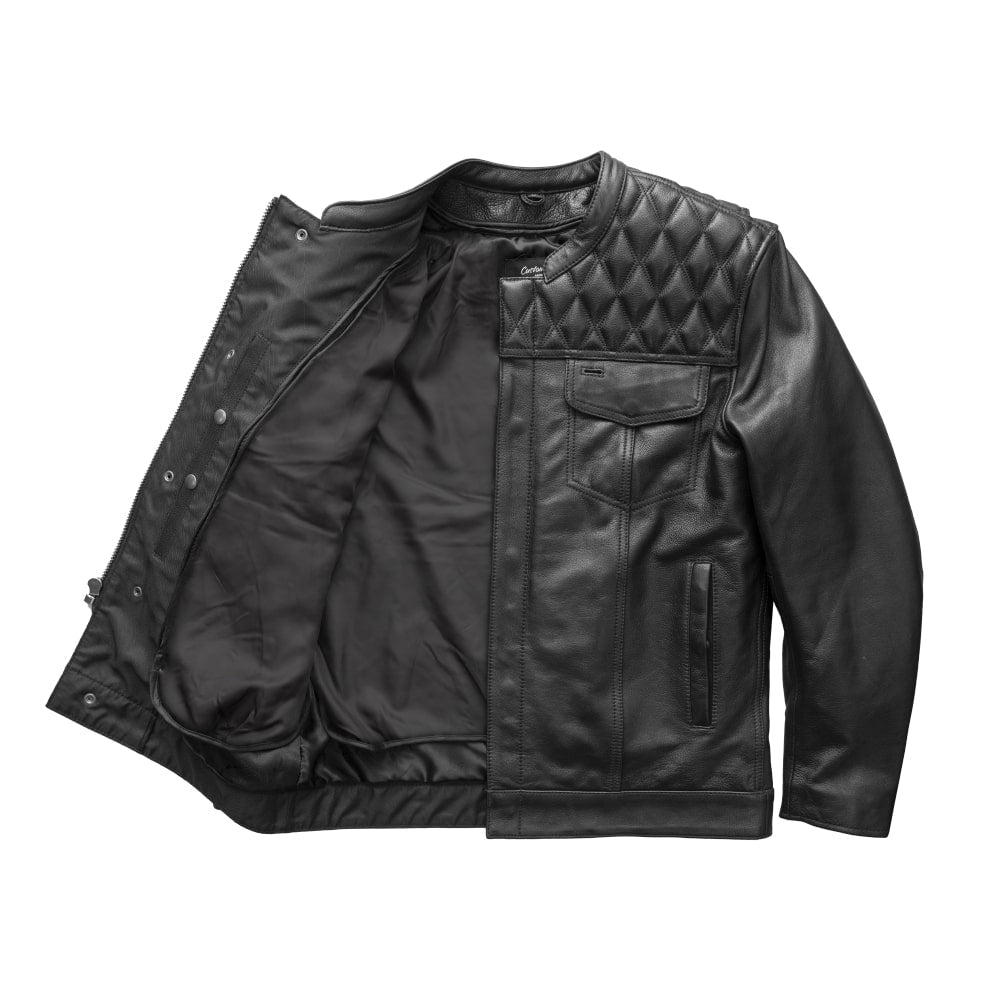 High quality Mens Cafe Style Men's Leather Motorcycle Jackets in black, grey, and red colour.