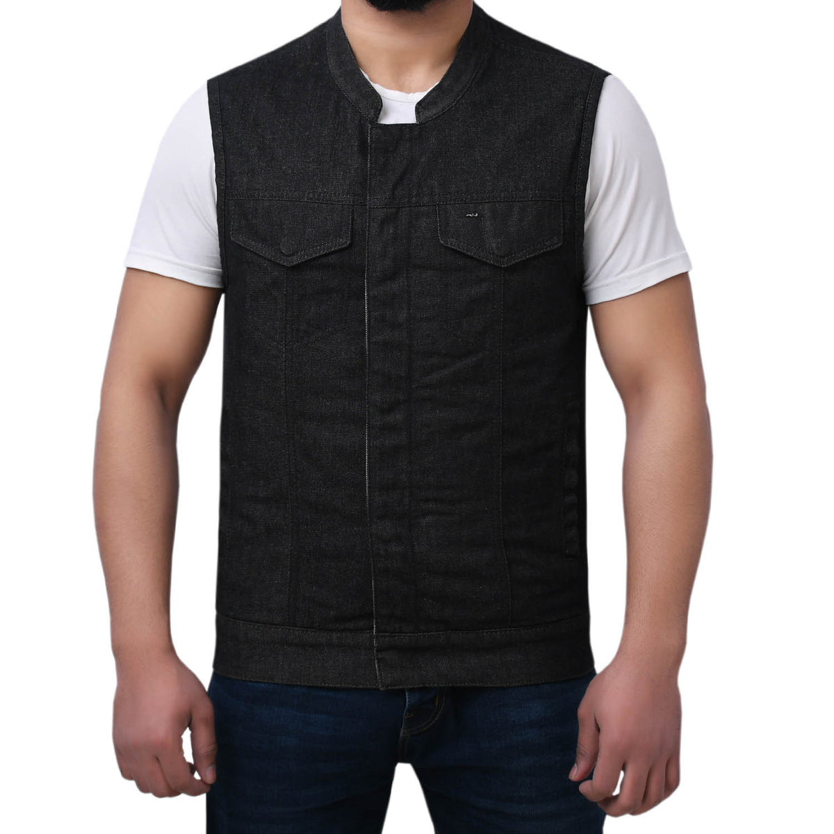 DAREG - Motorcycle Denim Vest Men's Denim Vest Best Leather Ny Black S