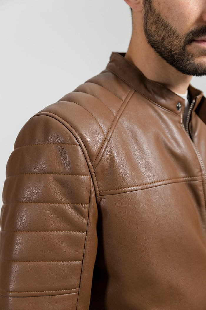 Dustin - Men's Vegan Faux Leather Jacket (Dark Camel) Men's Vegan Faux Leather jacket Best Leather Ny