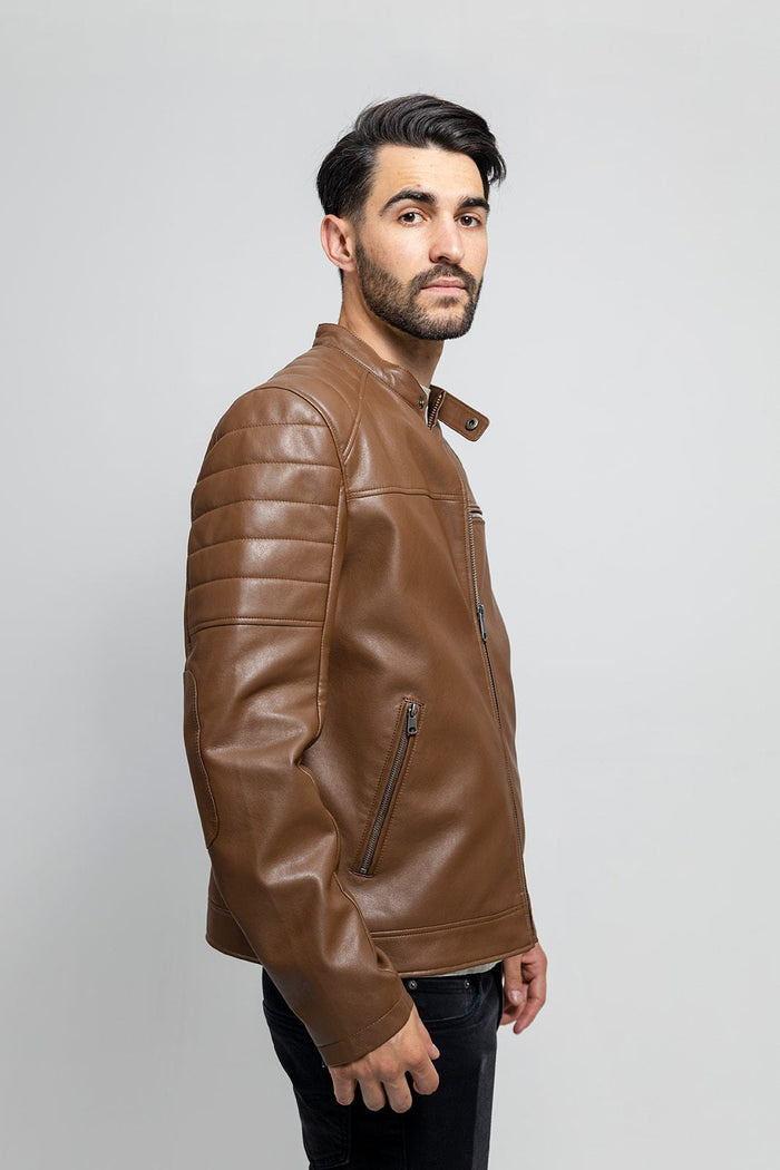 Dustin - Men's Vegan Faux Leather Jacket (Dark Camel) Men's Vegan Faux Leather jacket Best Leather Ny