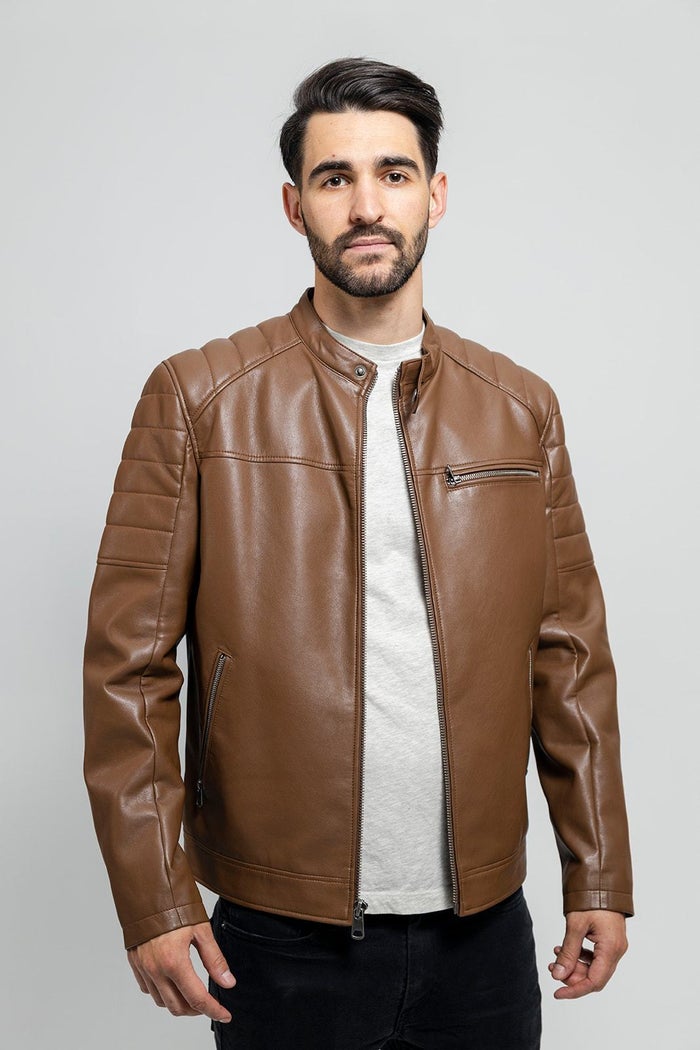 Dustin - Men's Vegan Faux Leather Jacket (Dark Camel) Men's Vegan Faux Leather jacket Best Leather Ny Dark Camel S