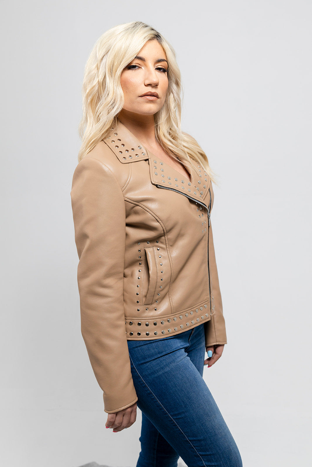 Sandy Women's Vegan Faux Leather Jacket (Beige) Women's Fashion Leather Jacket FMCo
