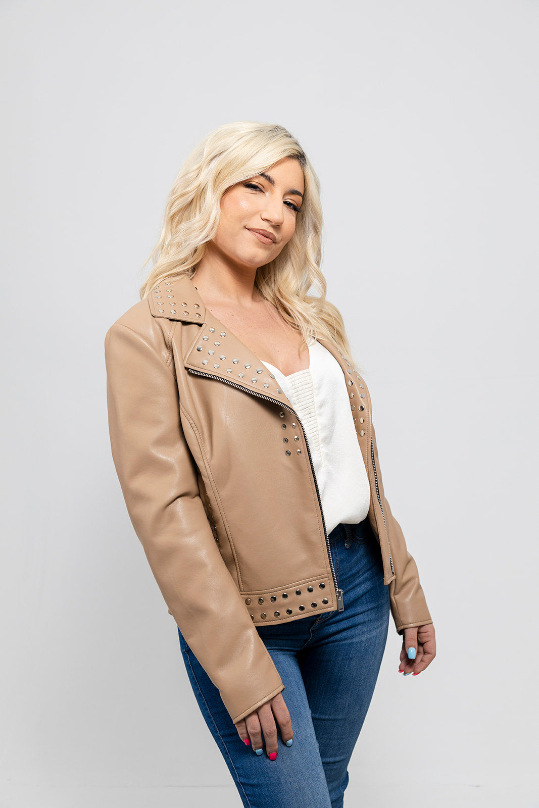 Sandy Women's Vegan Faux Leather Jacket (Beige) Women's Fashion Leather Jacket FMCo