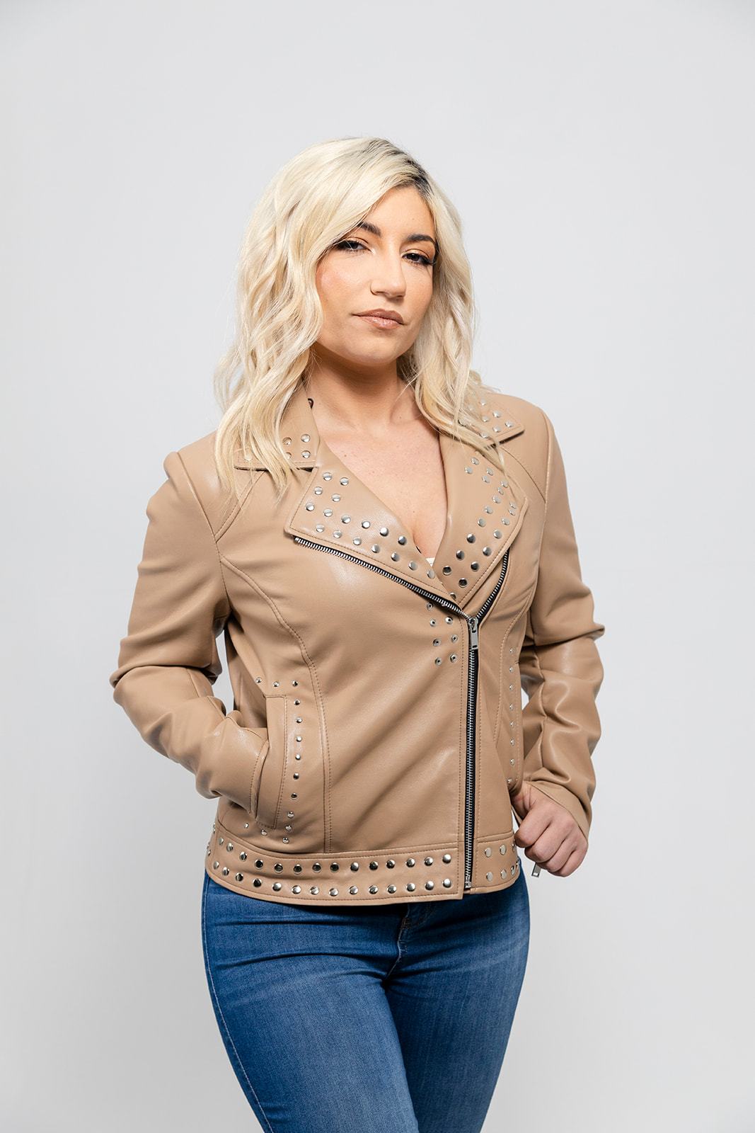 Sandy Women's Vegan Faux Leather Jacket (Beige) Women's Fashion Leather Jacket FMCo Beige XS